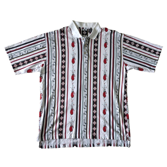 Vintage Tabasco Hot Sauce Golf Bag Striped All Over Print Polo Shirt Sz XL Mens - Picture 1 of 6
